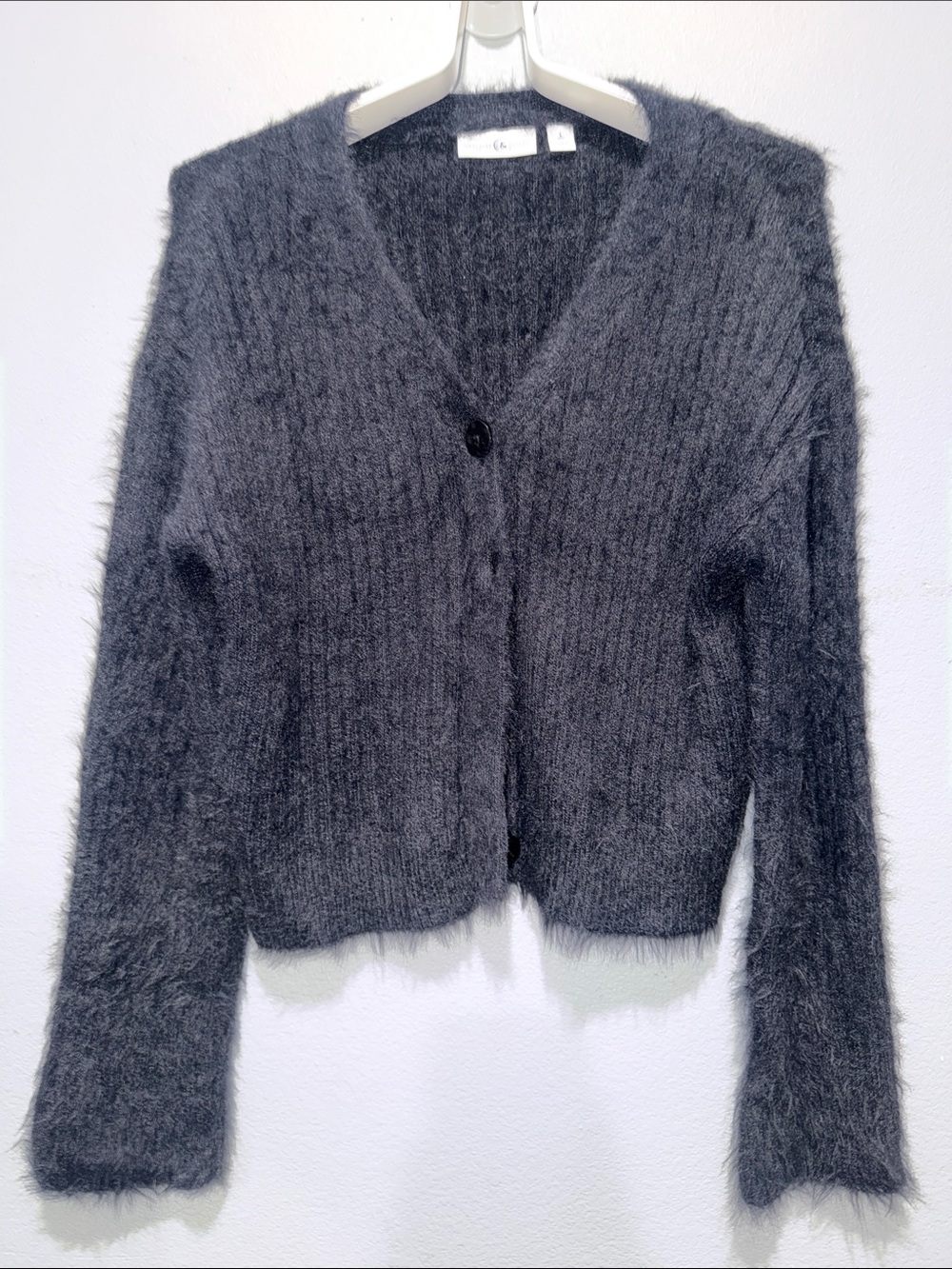 Kids Fuzzy Charcoal Gray V-Neck Button Cardigan